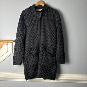 Aran Mor Vintage Merino Wool Dark Gray Knit Zip-Front Coat